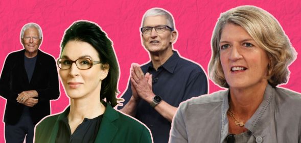 From left to right is Giorgio Armani, Sue Nabi, Tim Cook and Beth Ford. They are all prominent and high profile LGBTQ+ business leaders.