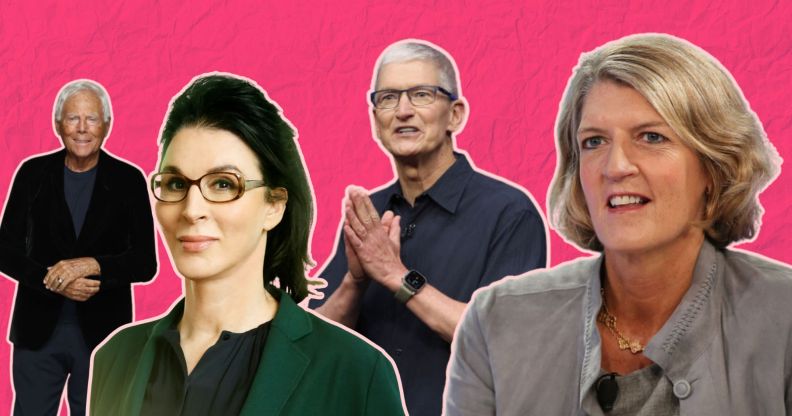 From left to right is Giorgio Armani, Sue Nabi, Tim Cook and Beth Ford. They are all prominent and high profile LGBTQ+ business leaders.