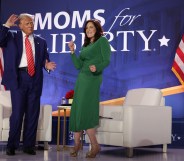 U.S. President Donald Trump (L) and Co-founder of Moms for Liberty Tiffany Justice (R)