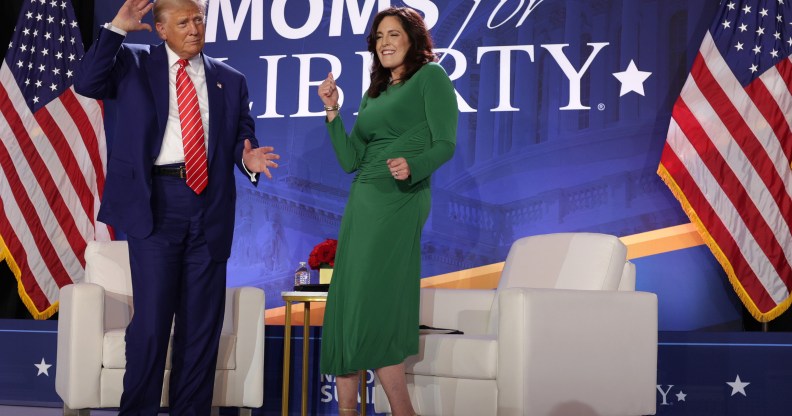 U.S. President Donald Trump (L) and Co-founder of Moms for Liberty Tiffany Justice (R)