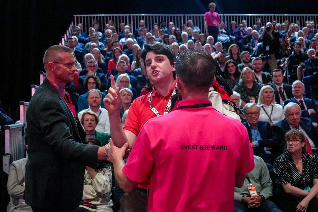 a protester at the Labour conference