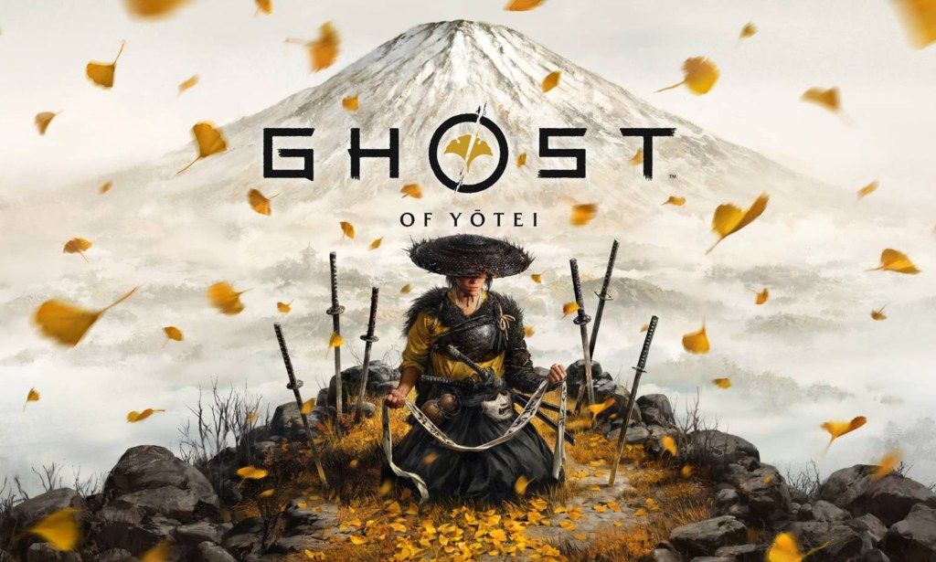 Ghost of Yōtei game image with the title against a mountain and the lead character cluthing a sash.