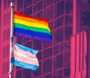 This is an image of the Pride flag flying above the Trans Pride flag outside an office building. The background has been altered to look fuschia.