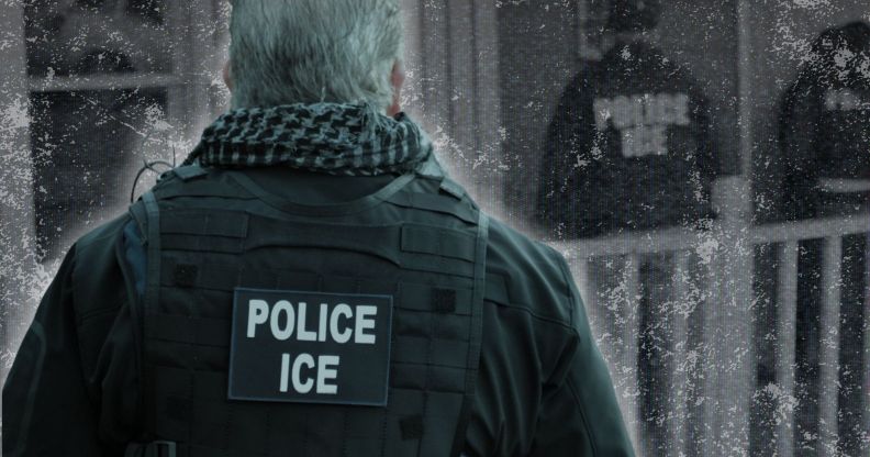 An edited image of an ICE police officer.