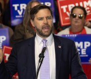 TRAVERSE CITY, MICHIGAN - SEPTEMBER 25: Republican vice presidential nominee U.S. Sen. JD Vance (R-OH) speaks to supporters during a campaign event at the Northwestern Michigan Fair grounds on September 25, 2024 in Traverse City, Michigan. Republican presidential nominee former President Donald Trump is scheduled to host two campaign events in the state on Friday. (Photo by Scott Olson/Getty Images)