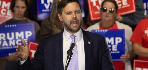 TRAVERSE CITY, MICHIGAN - SEPTEMBER 25: Republican vice presidential nominee U.S. Sen. JD Vance (R-OH) speaks to supporters during a campaign event at the Northwestern Michigan Fair grounds on September 25, 2024 in Traverse City, Michigan. Republican presidential nominee former President Donald Trump is scheduled to host two campaign events in the state on Friday. (Photo by Scott Olson/Getty Images)