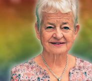 A photoshopped picture of Jacqueline Wilson infront of a rainbow background.