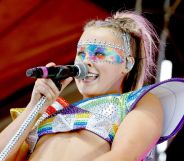 Jojo Siwa performs in a rainbow outfit at a Pride event