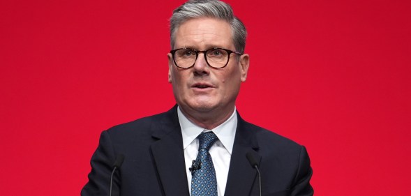 LIVERPOOL, ENGLAND - SEPTEMBER 24: Britain's Prime Minister Sir Keir Starmer delivers his keynote speech during the Labour Party Conference 2024 at ACC Liverpool on September 24, 2024 in Liverpool, England. This is Labour's first conference since they were returned as the governing party of The UK and Northern Ireland by voters in the July election, ending 14 years of Conservative rule. They won with a landslide majority of 172 seats, and 412 in total. (Photo by Christopher Furlong/Getty Images)