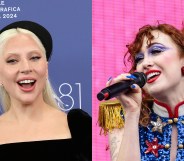 Lady Gaga at a Venice Film Festival photocall wearing a black dress and hat. Chappell Roan performing, mic in hand, against a bright pink screen. She's wearing a military-style shift with a sequin blazer with gold fringe.