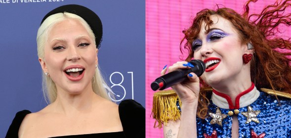 Lady Gaga at a Venice Film Festival photocall wearing a black dress and hat. Chappell Roan performing, mic in hand, against a bright pink screen. She's wearing a military-style shift with a sequin blazer with gold fringe.