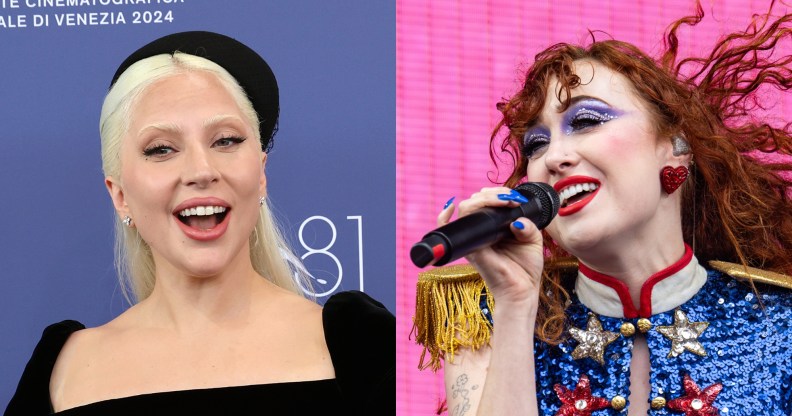 Lady Gaga at a Venice Film Festival photocall wearing a black dress and hat. Chappell Roan performing, mic in hand, against a bright pink screen. She's wearing a military-style shift with a sequin blazer with gold fringe.