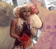 An image featuring stills from Lady Gaga's Paparazzi performance at the 2009 VMAs.