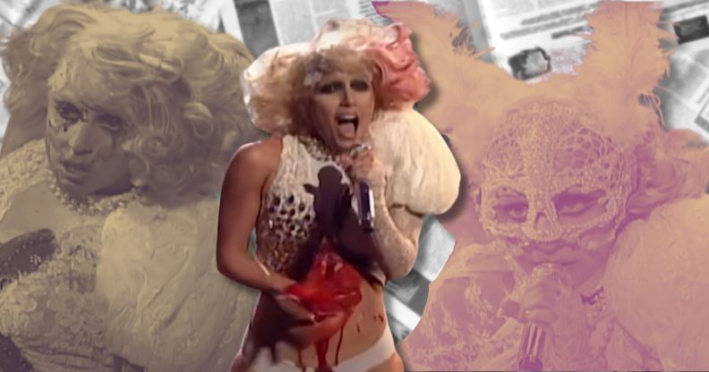 An image featuring stills from Lady Gaga's Paparazzi performance at the 2009 VMAs.