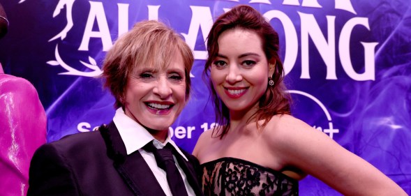 Patti LuPone in a suit and Aubrey Plaza in a floral emroidered dress at the launch event for Marvel Television's Agatha All Along