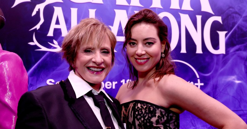 Patti LuPone in a suit and Aubrey Plaza in a floral emroidered dress at the launch event for Marvel Television's Agatha All Along