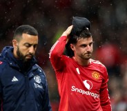 Mason Mount of Manchester United leaves the field with an injury during the Premier League match between Manchester United FC and Tottenham Hotspur FC at the Old Trafford.