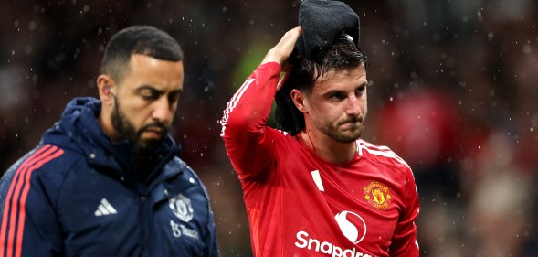 Mason Mount of Manchester United leaves the field with an injury during the Premier League match between Manchester United FC and Tottenham Hotspur FC at the Old Trafford.