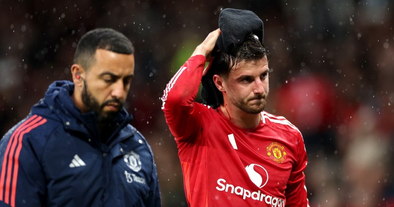 Mason Mount of Manchester United leaves the field with an injury during the Premier League match between Manchester United FC and Tottenham Hotspur FC at the Old Trafford.