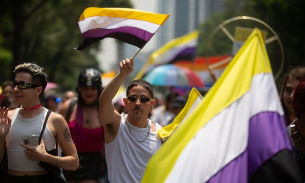 This is an image of a non-binary person waving the non-binary flag during a march in Mexico City.