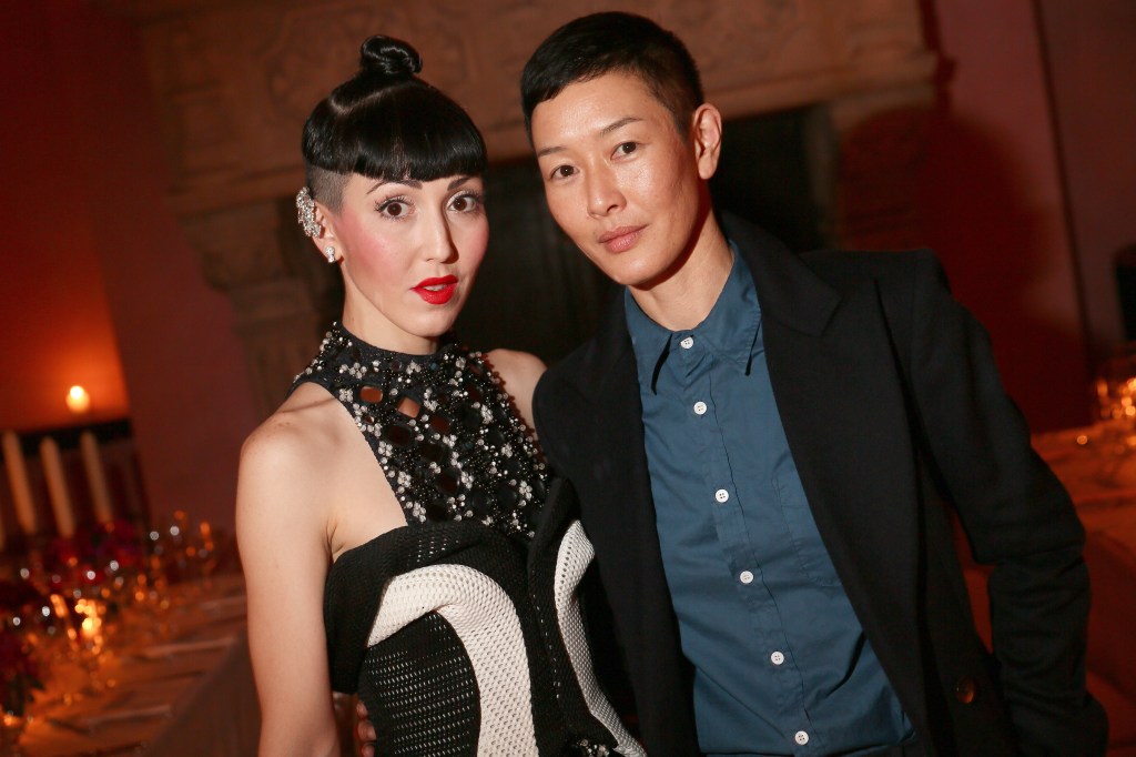 Michelle Harper (L) and Jenny Shimzu attend W magazine's 40th anniversary dinner at the Gramercy Park Hotel.