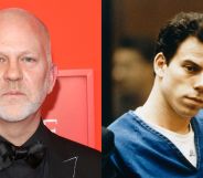 On the let, Ryan Murphy on a red carpet in 2019. On the right, Erik Menendez in court.