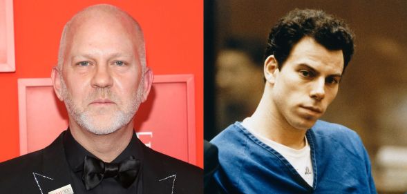 On the let, Ryan Murphy on a red carpet in 2019. On the right, Erik Menendez in court.