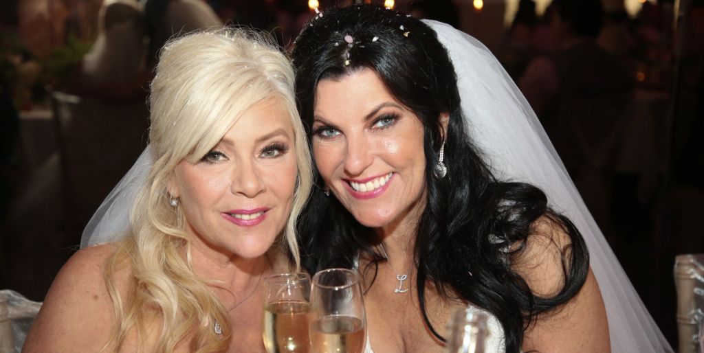 Samantha Fox and wife Linda Olsen on their wedding day