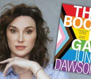 Juno Dawson poses in a blue shirt against a grey background. Her book, This Book Is Gay, is overlayed.