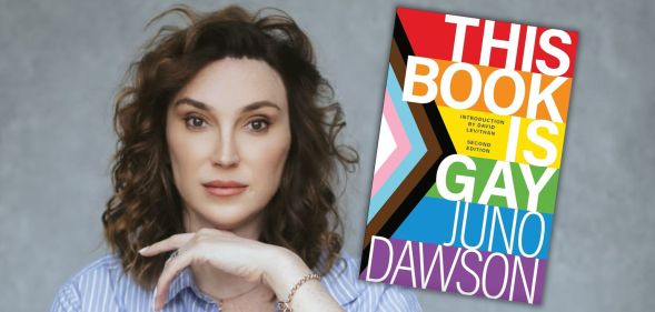 Juno Dawson poses in a blue shirt against a grey background. Her book, This Book Is Gay, is overlayed.