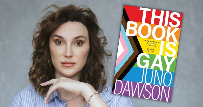 Juno Dawson poses in a blue shirt against a grey background. Her book, This Book Is Gay, is overlayed.