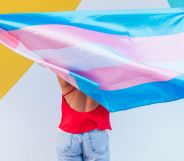 A person waving a trans flag.