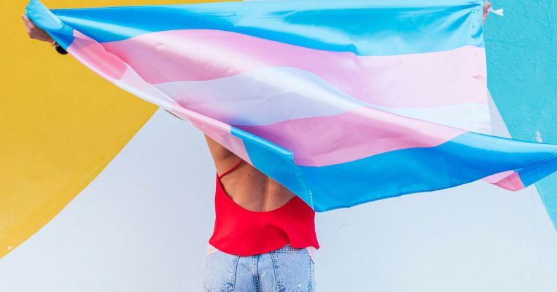 A person waving a trans flag.