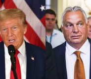 Former U.S. President Donald Trump speaking during a press conference and Hungary's Prime Minister Viktor Orbán walking to a press event.