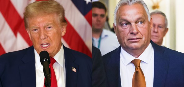 Former U.S. President Donald Trump speaking during a press conference and Hungary's Prime Minister Viktor Orbán walking to a press event.