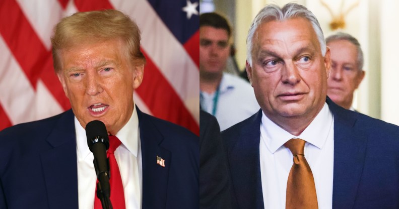 Former U.S. President Donald Trump speaking during a press conference and Hungary's Prime Minister Viktor Orbán walking to a press event.