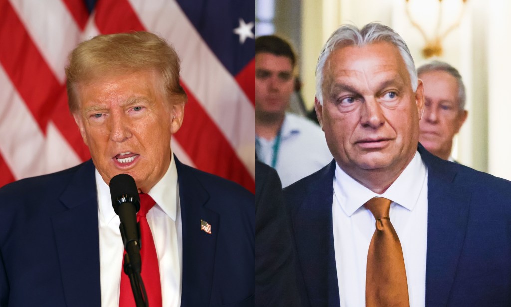 Former U.S. President Donald Trump speaking during a press conference and Hungary's Prime Minister Viktor Orbán walking to a press event.