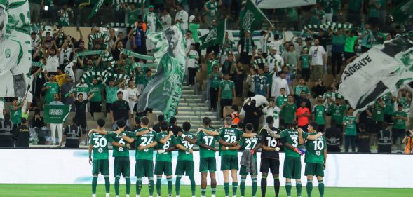 Players of Al Ahli stand in front of their fans prior to the King's Cup match between Al Ahli and Al Jndal at Prince Abduallah Al Faisal Stadium on September 23, 2024 in Jeddah, Saudi Arabia