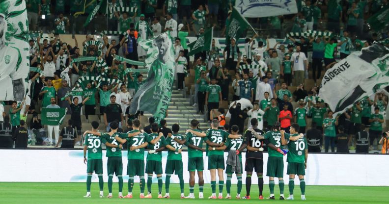 Players of Al Ahli stand in front of their fans prior to the King's Cup match between Al Ahli and Al Jndal at Prince Abduallah Al Faisal Stadium on September 23, 2024 in Jeddah, Saudi Arabia