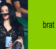 Split screen of Charli XCX and the Brat album cover art.