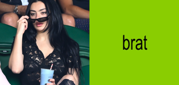 Split screen of Charli XCX and the Brat album cover art.