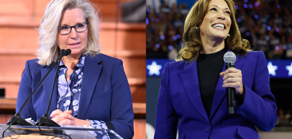 Split photo of Liz Cheney and Kamala Harris