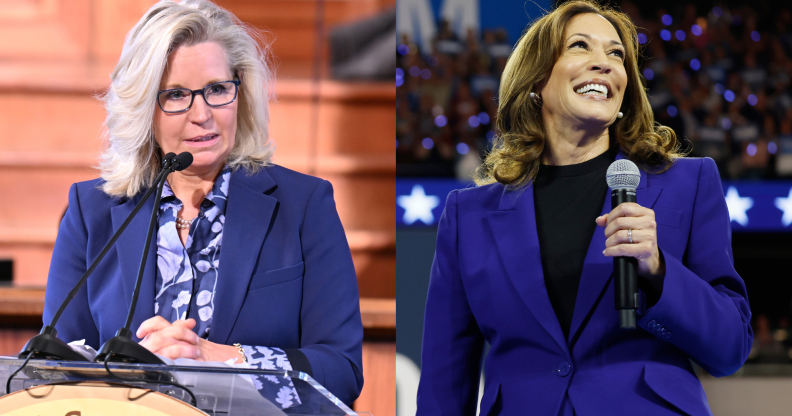 Split photo of Liz Cheney and Kamala Harris