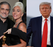 A split photo of Lady Gaga and her father Joe Germanotta, and Donald Trump.