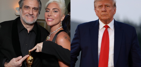 A split photo of Lady Gaga and her father Joe Germanotta, and Donald Trump.