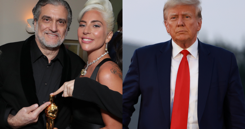 A split photo of Lady Gaga and her father Joe Germanotta, and Donald Trump.