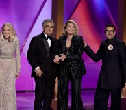 Cast of Schitt's Creek (in order) at the Emmy's: Catherine O'Hara, Eugene Levy, Annie Murphy, and Dan Levy