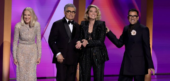 Cast of Schitt's Creek (in order) at the Emmy's: Catherine O'Hara, Eugene Levy, Annie Murphy, and Dan Levy