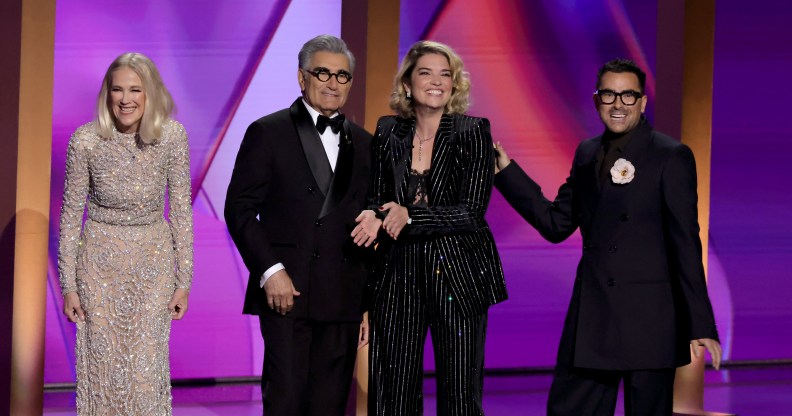 Cast of Schitt's Creek (in order) at the Emmy's: Catherine O'Hara, Eugene Levy, Annie Murphy, and Dan Levy