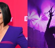 An image of Michelle Visage on a red carpet in a purple dress in 2023 and a graphic for new musical Scissorhandz